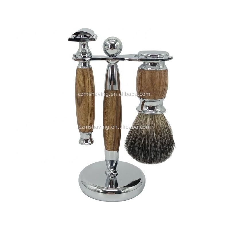 Custom Gift Boxes Badger Hair Knots Shaving Brush Safety Razor Set Wooden Handle Metal Zinc Alloy Razor Head