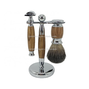 Custom Gift Boxes Badger Hair Knots Shaving Brush Safety Razor Set Wooden Handle Metal Zinc Alloy Razor Head