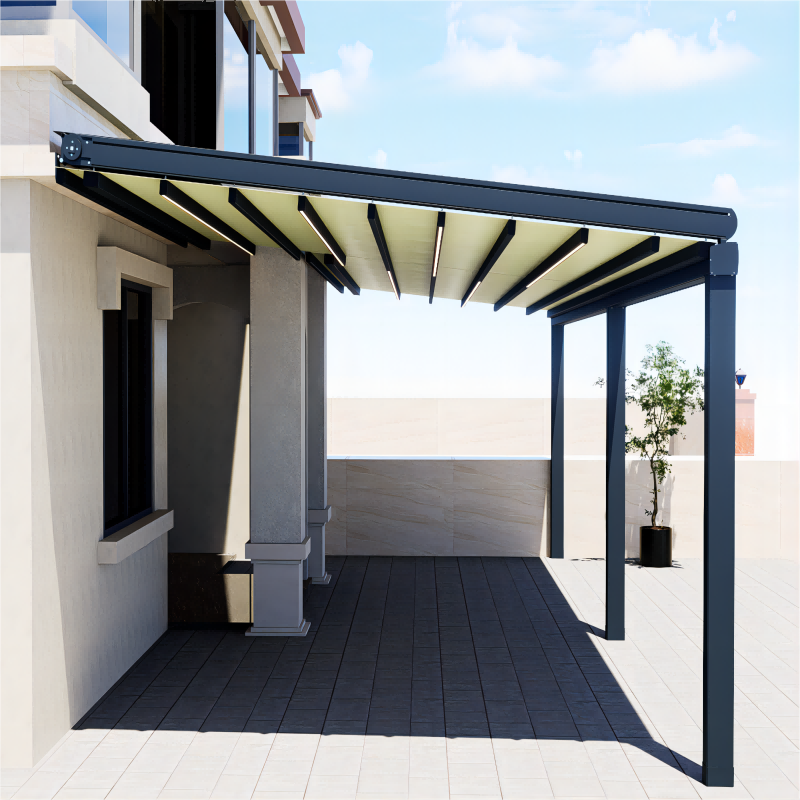 Custom Sun Shading and Rainproof Pergola Sliding Porch Awning Folding Patio Cover Roof System Automatic Retractable Pergola PVC