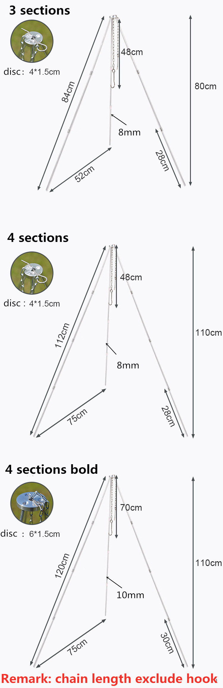 Mydays Aluminum Alloy Portable 3 Sections Outdoor Camping Tripod Cooker with Adjustable Hang Chain