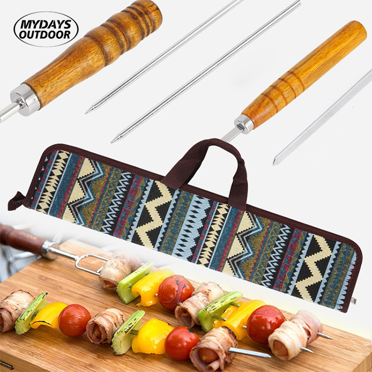 Mydays Multi Functional Outdoor Stainless Steel U Shaped Wooden Handle Camping Stainless Steel Barbecue Skewers