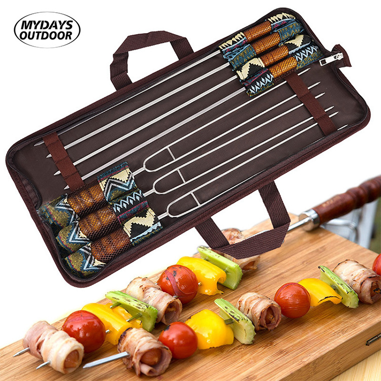 Mydays Multi Functional Outdoor Stainless Steel U Shaped Wooden Handle Camping Stainless Steel Barbecue Skewers