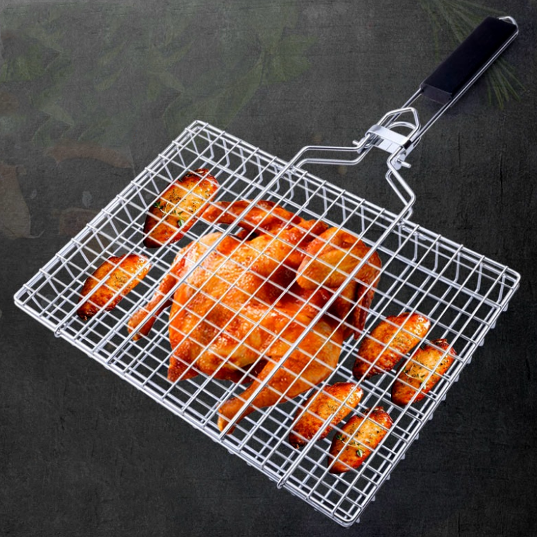 Mydays Outdoor Stainless Steel Non-stick Foldable Detachable Long Handle Rectangular Round Barbecue Grill Basket