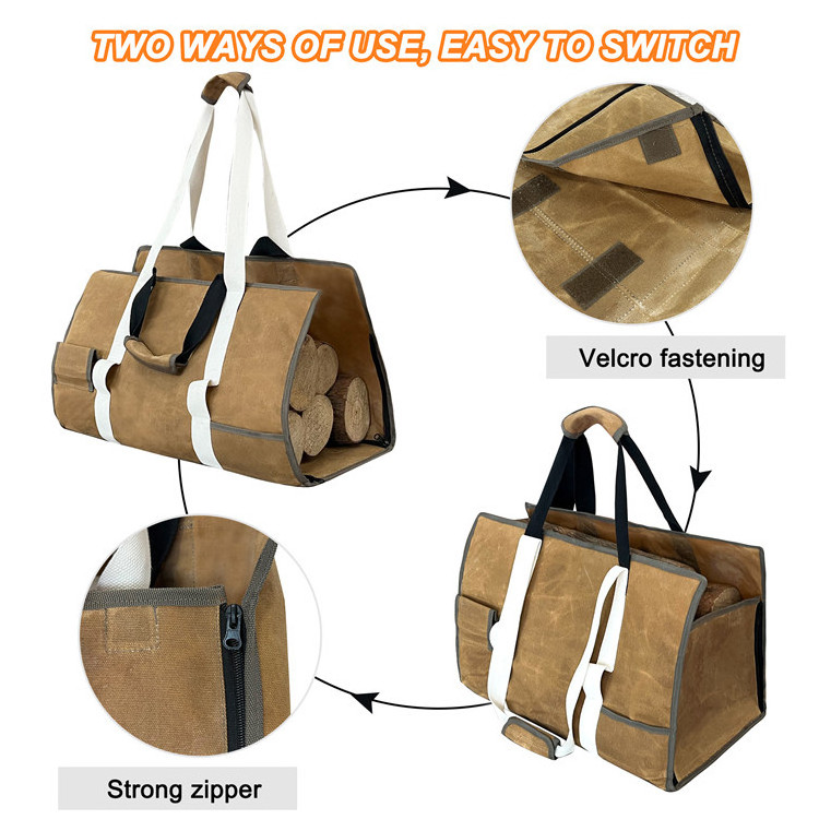 Upgrade 2 in 1 Durable 16OZ Waterproof Waxed Canvas Firewood Carrier Tote Bag with Axes Holding Loop