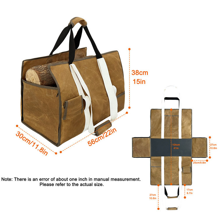 Upgrade 2 in 1 Durable 16OZ Waterproof Waxed Canvas Firewood Carrier Tote Bag with Axes Holding Loop