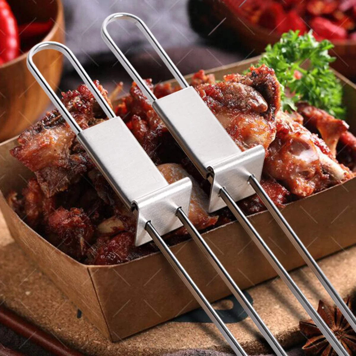 Mydays Outdoor Semi-automatic Safety Food Grade Stainless Steel BBQ Skewers for Meat Vegetables