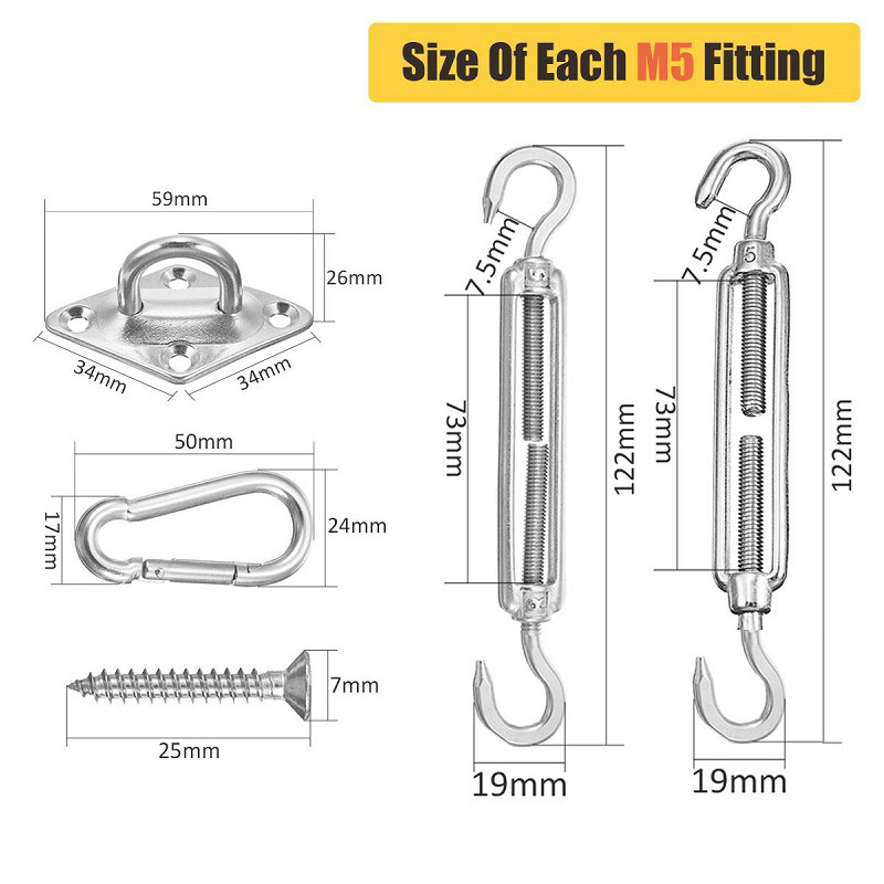 Durable Dependable Heavy Duty 304 Stainless Steel Anti Rust Rectangle and Square Shade Sail Hardware Kit