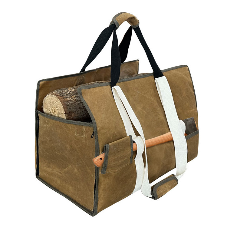 Upgrade 2 in 1 Durable 16OZ Waterproof Waxed Canvas Firewood Carrier Tote Bag with Axes Holding Loop