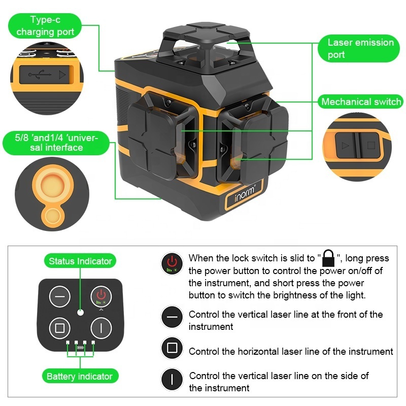 new laser level green beam laser cross 12 line self leveling 3d auto rotary construction laser level 360 degree