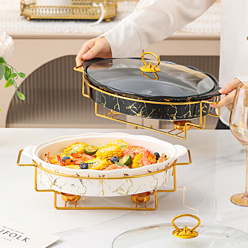 Factory direct sell gold rectangle shape hot pot casserole marble ceramic buffet soup pot with glass lid