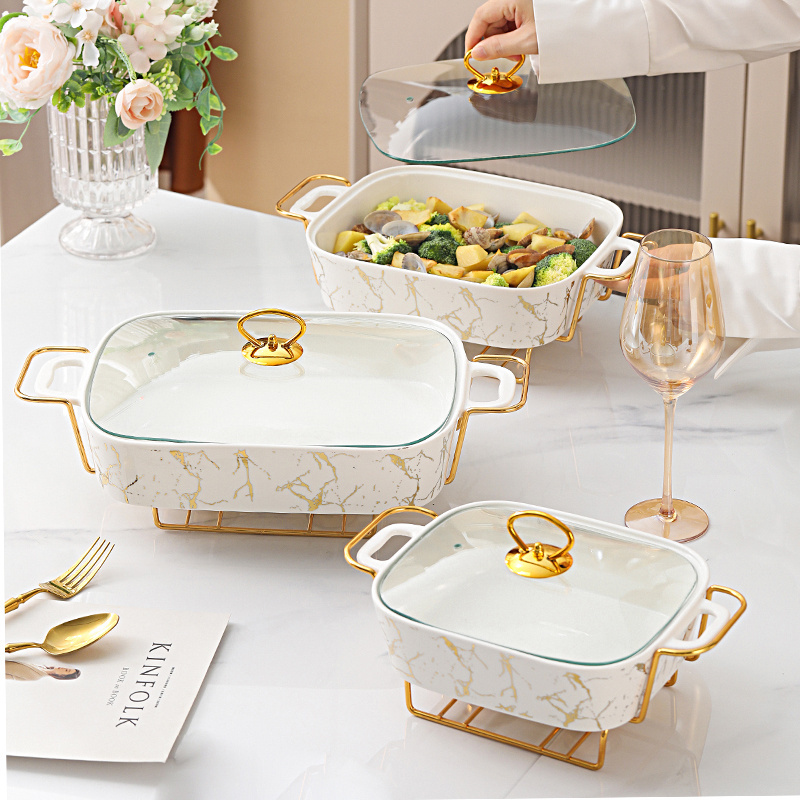 Factory direct sell gold rectangle shape hot pot casserole marble ceramic buffet soup pot with glass lid