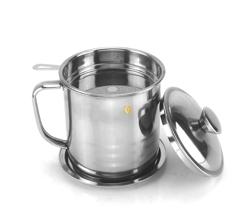 High quality 304 stainless steel steel Steel handle oil filter pot with lid and base, grease container with mesh strainer