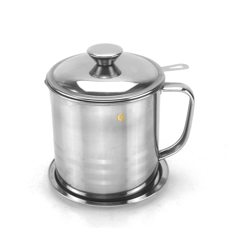 High quality 304 stainless steel steel Steel handle oil filter pot with lid and base, grease container with mesh strainer