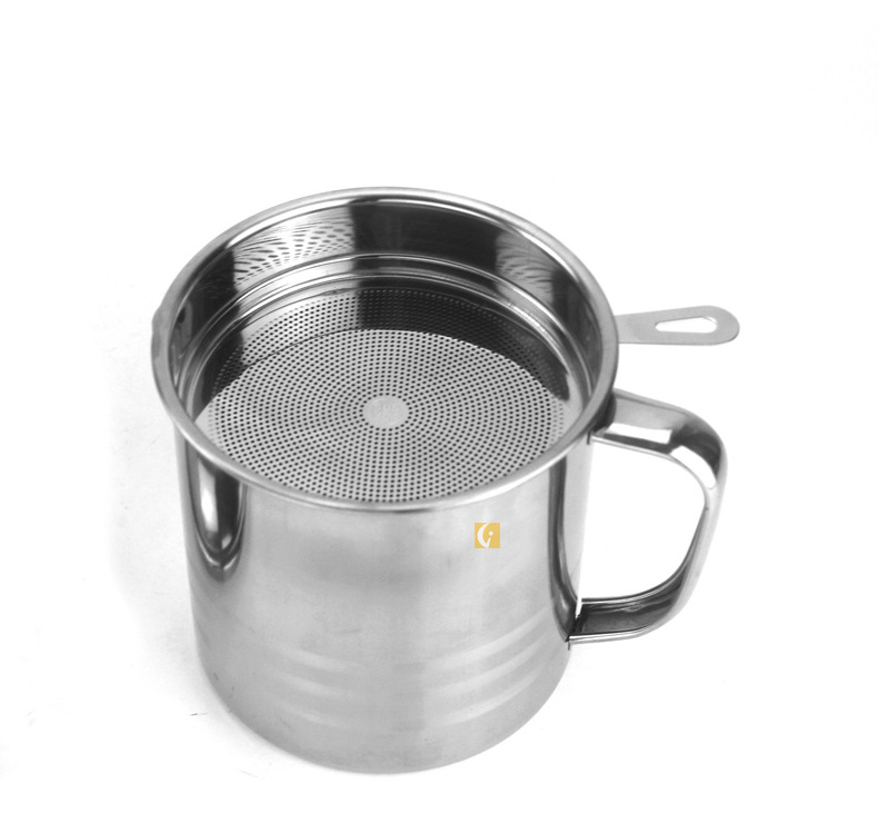 High quality 304 stainless steel steel Steel handle oil filter pot with lid and base, grease container with mesh strainer