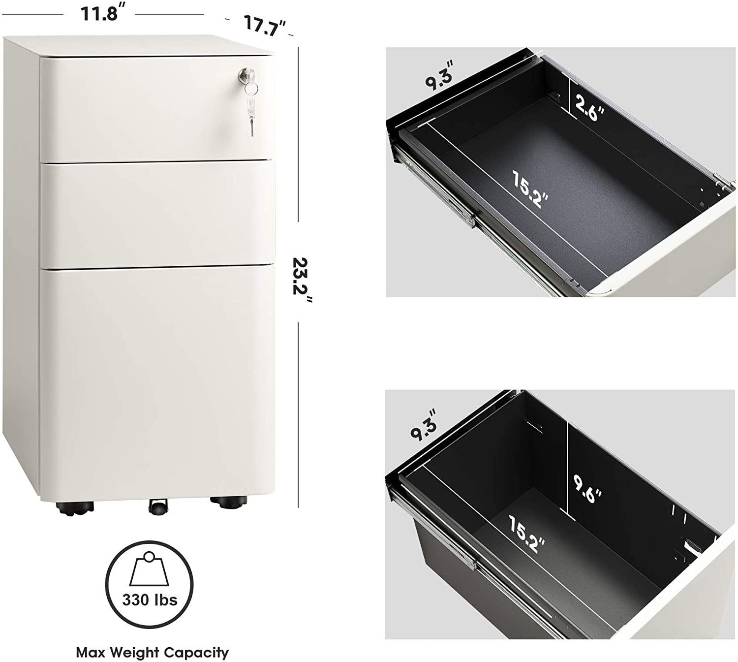 300mm  width  Amazon hot sales   3 drawer Steel Storage Cabinets vertical  Metal Mobile Pedestal With Wheels