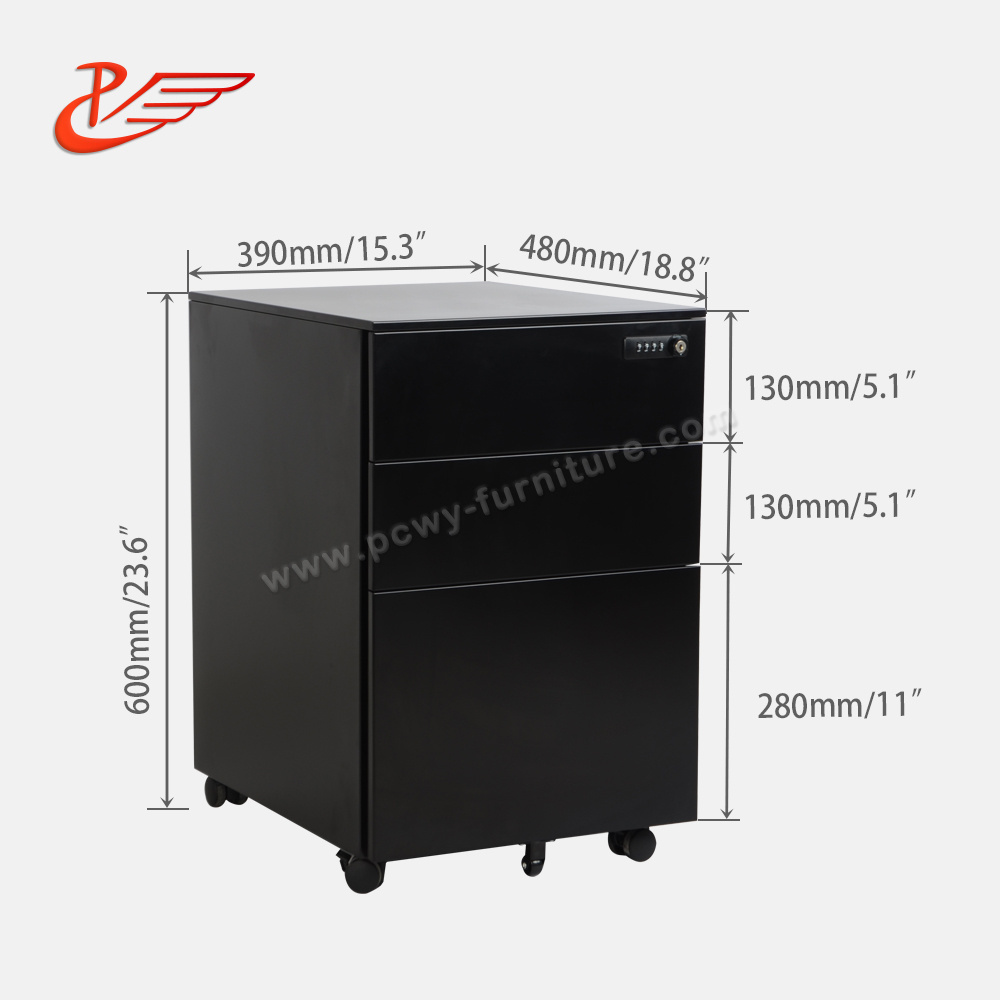 WT Mechanical locks pedestal cabinet lock three drawers five wheels and one pencil tray and hanging bar