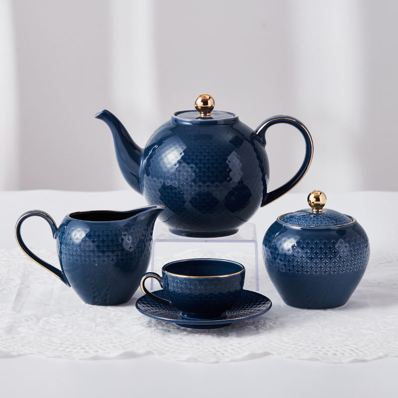 PITO Western Modern Style Blue Glazed Tea Set 900CC Teapot Ceramic Coffee Pot Fine Bone China Tea Pot with Golden Decoration