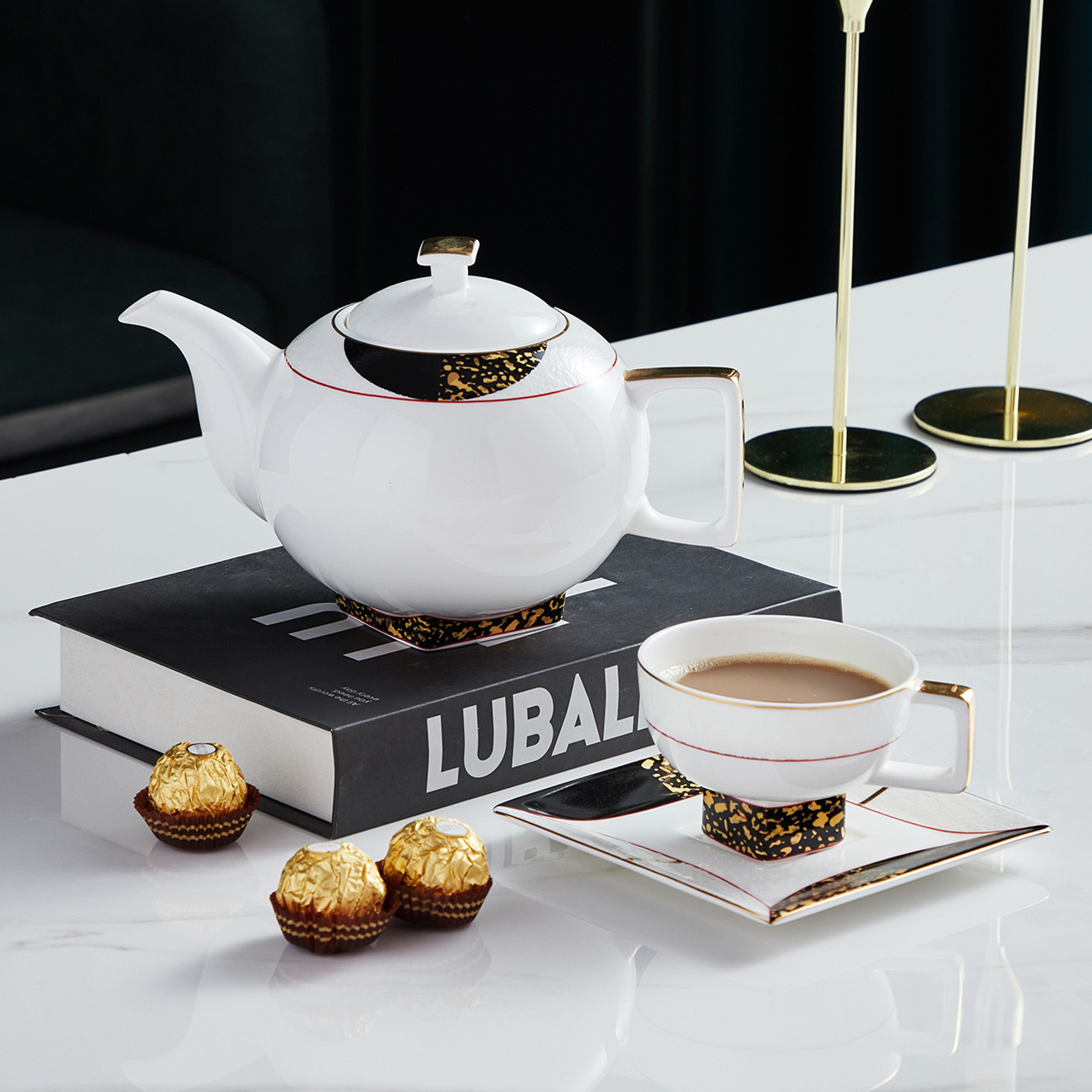 PITO Dubai Arabic Tableware Coffee Pot Luxury Tea Set Pot Black Gold Decal Design Bone China Ceramic Teapot for Banquet Party