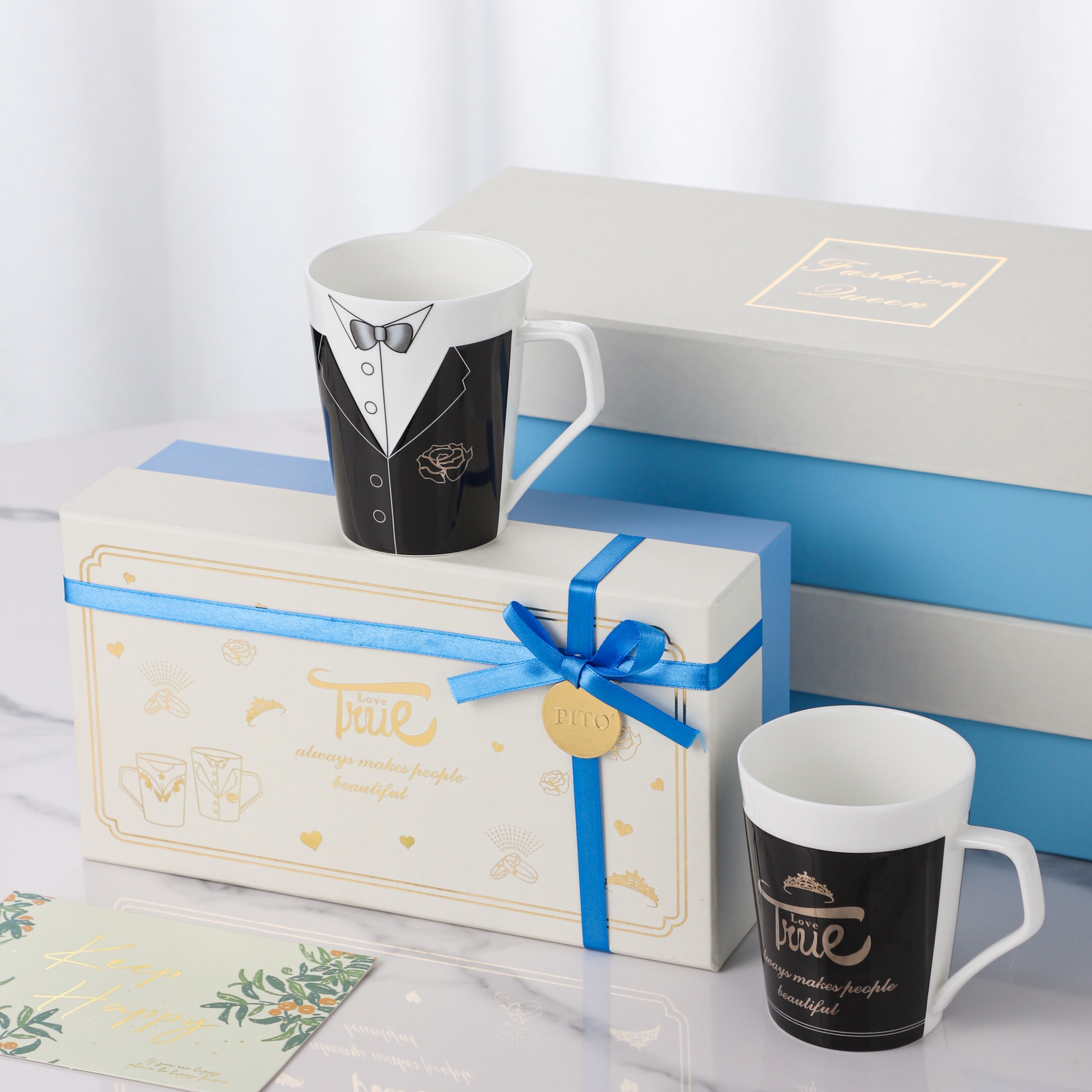 PITO Couple Mug Gift Set Bone China Anniversary Wedding Souvenirs Ceramic Cups Valentines Couple Coffee Mug Set Cups