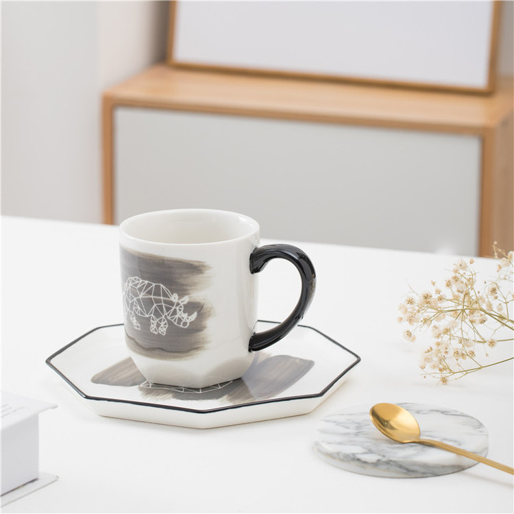 New -arrival blue cute elphinus pattern drinkware tea coffee cup ceramic mugs with octagon plate