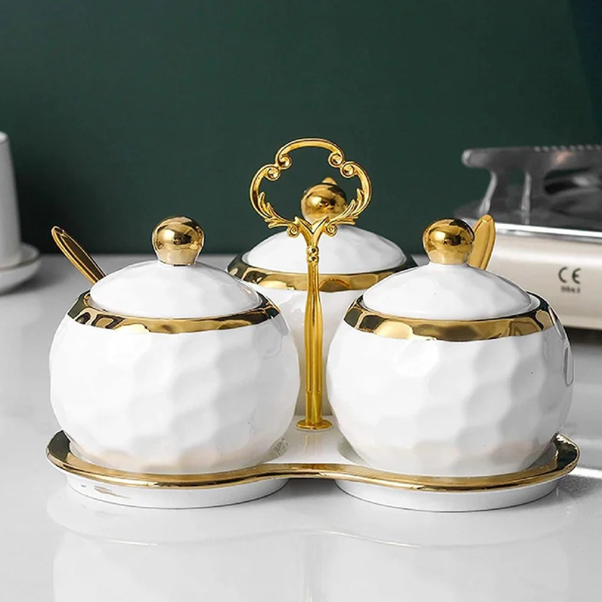 Gold rim luxury kitchen porcelain sugar salt bowl condiment pot seasoning jar box ceramic spice set jar with spoon tray