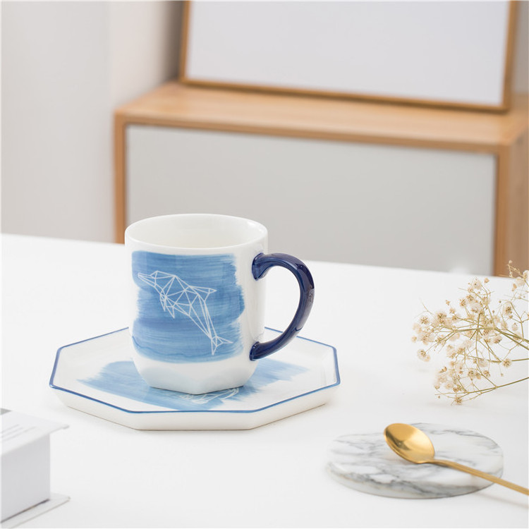 New -arrival blue cute elphinus pattern drinkware tea coffee cup ceramic mugs with octagon plate