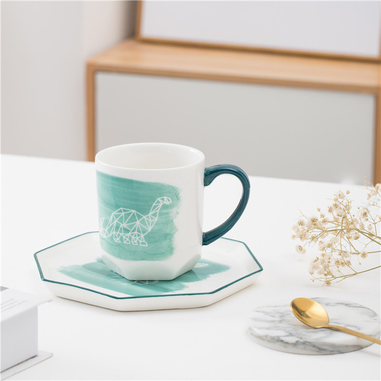 New -arrival blue cute elphinus pattern drinkware tea coffee cup ceramic mugs with octagon plate