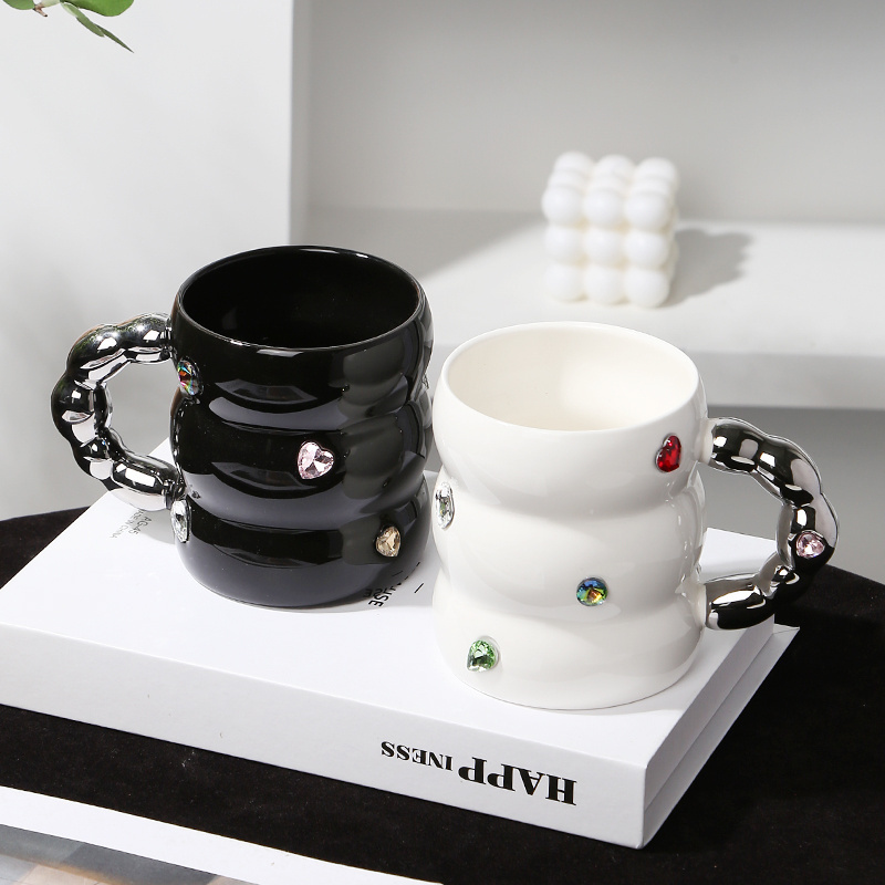 Nordic style diamond design glaze tea cup customized luxury custom ceramic coffee mugs with creative handle