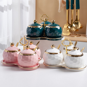 Gold rim luxury kitchen porcelain sugar salt bowl condiment pot seasoning jar box ceramic spice set jar with spoon tray