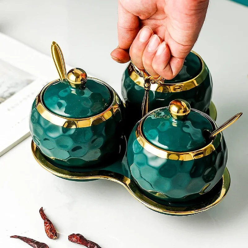 Gold rim luxury kitchen porcelain sugar salt bowl condiment pot seasoning jar box ceramic spice set jar with spoon tray