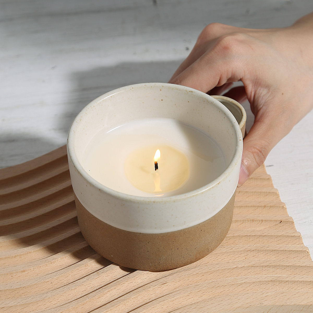 Modern ceramic home decoration gift craft cheap candle container matte frosted unique empty candle jars with match holder