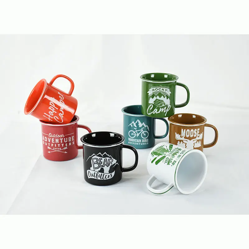 Wholesale custom logo printing 16oz ceramic enamel camping coffee cups mug with decal