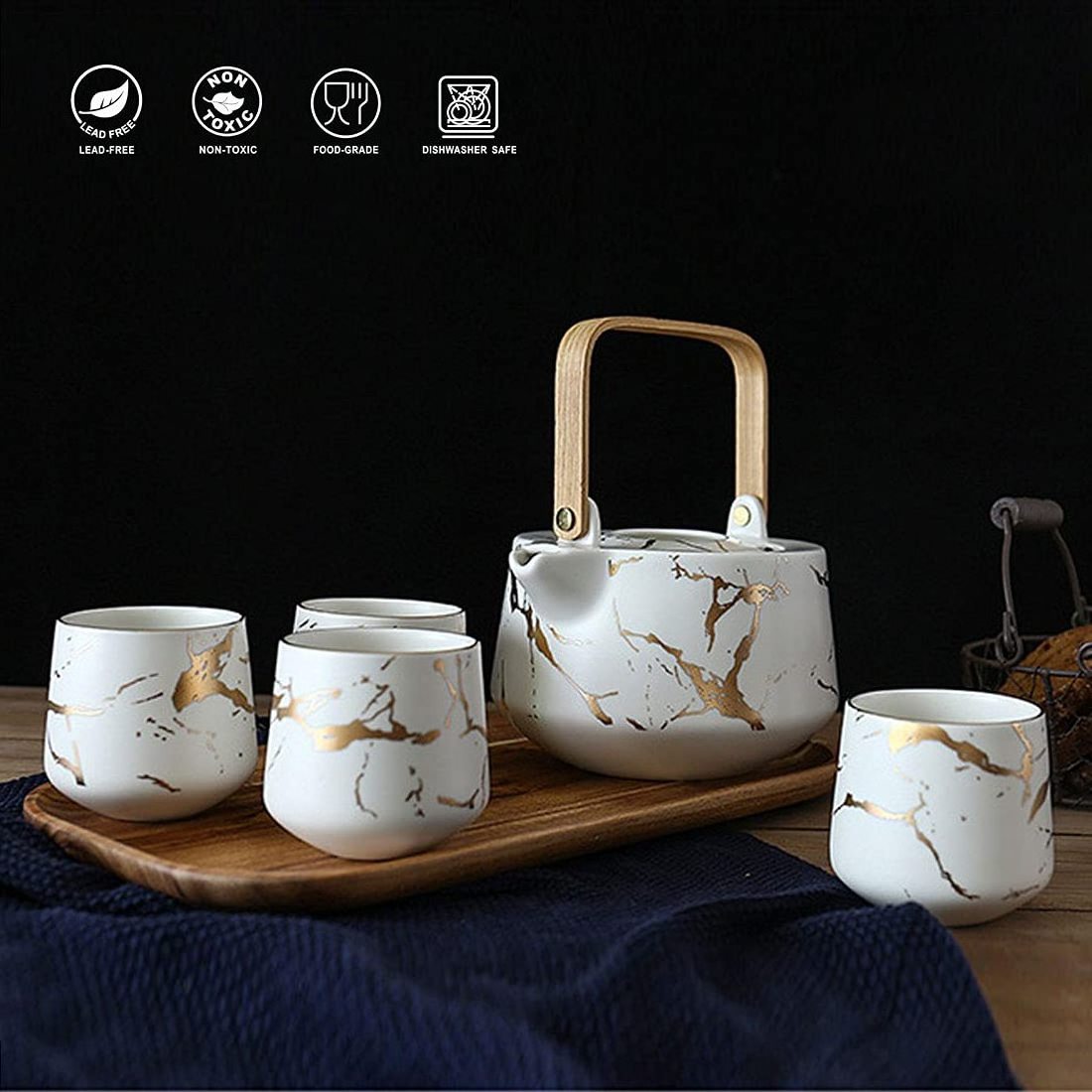 Tea Set With White Marble Design Ceramic Pot (40 Oz) 4 Piece Ceramic Tea Cups(8 Oz)wooden Serving Tray,Luxury Tea Set