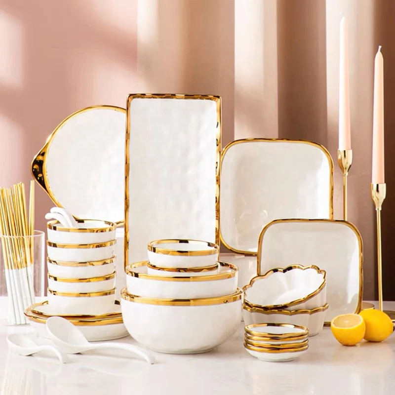 Nordic Style Luxury High Quality Ceramic Tableware Dishes and Plates Bowls Gold Rim Porcelain Dinner Set Ceramic Dinnerware Set