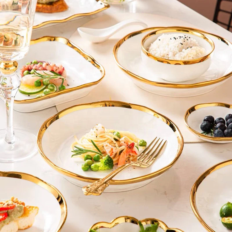 Nordic Style Luxury High Quality Ceramic Tableware Dishes and Plates Bowls Gold Rim Porcelain Dinner Set Ceramic Dinnerware Set