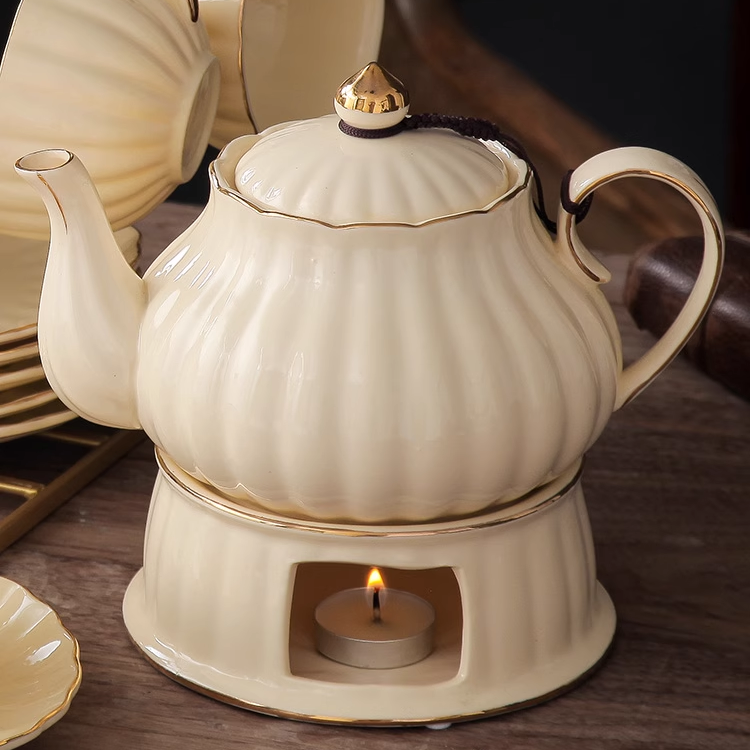 British Handle Ceramic Glass Teapot With Candle Heating Base Set European Porcelain Coffee Pot Afternoon Tea Set Home Decoration