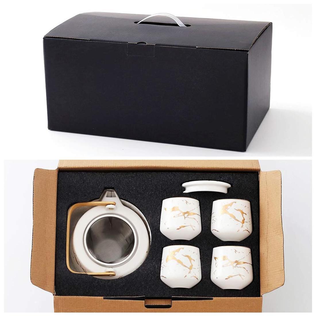 Tea Set With White Marble Design Ceramic Pot (40 Oz) 4 Piece Ceramic Tea Cups(8 Oz)wooden Serving Tray,Luxury Tea Set