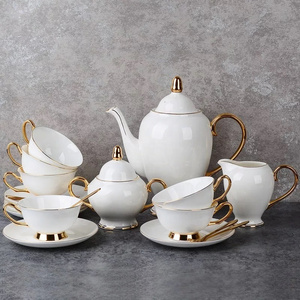 Graceful Food Grade China Tea Coffee Sets,Tea Cup Saucer,15pcs Porcelain Tea Set With Gold Handle For Wedding