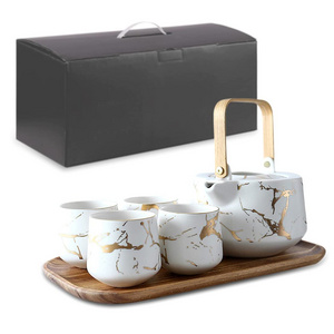 Tea Set With White Marble Design Ceramic Pot (40 Oz) 4 Piece Ceramic Tea Cups(8 Oz)wooden Serving Tray,Luxury Tea Set