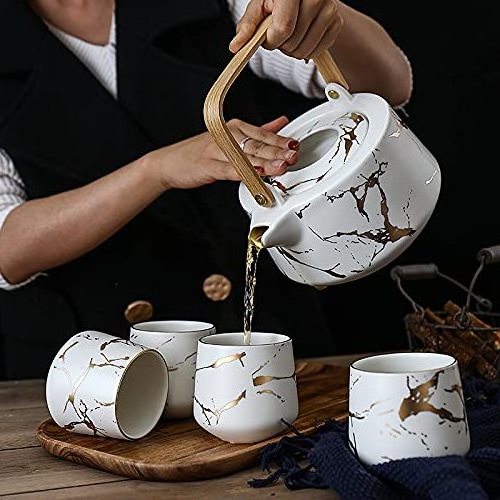 Tea Set With White Marble Design Ceramic Pot (40 Oz) 4 Piece Ceramic Tea Cups(8 Oz)wooden Serving Tray,Luxury Tea Set