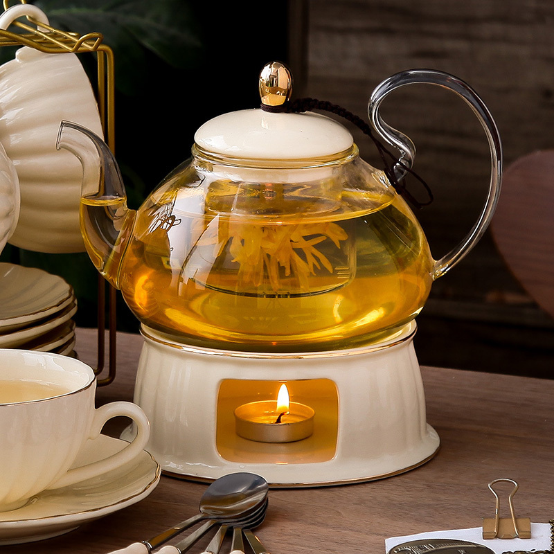 British Handle Ceramic Glass Teapot With Candle Heating Base Set European Porcelain Coffee Pot Afternoon Tea Set Home Decoration