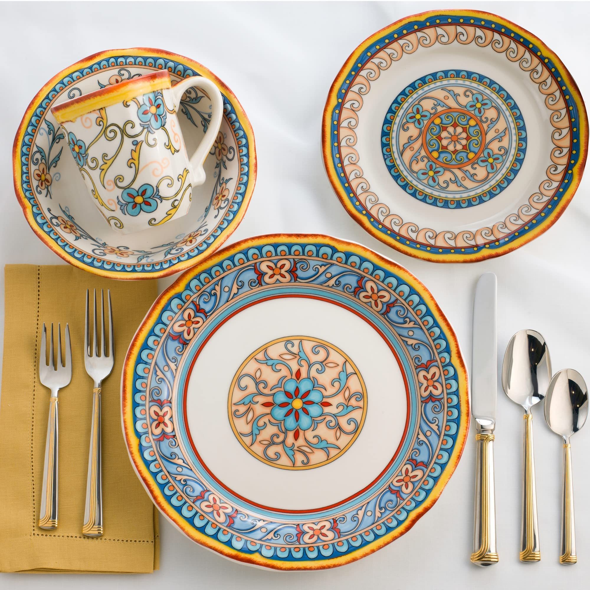 Euro Ceramic 16 Piece Stoneware Dinnerware Set,Service For 4 Thanksgiving Fall Summer Dishes Floral Design Multicolor