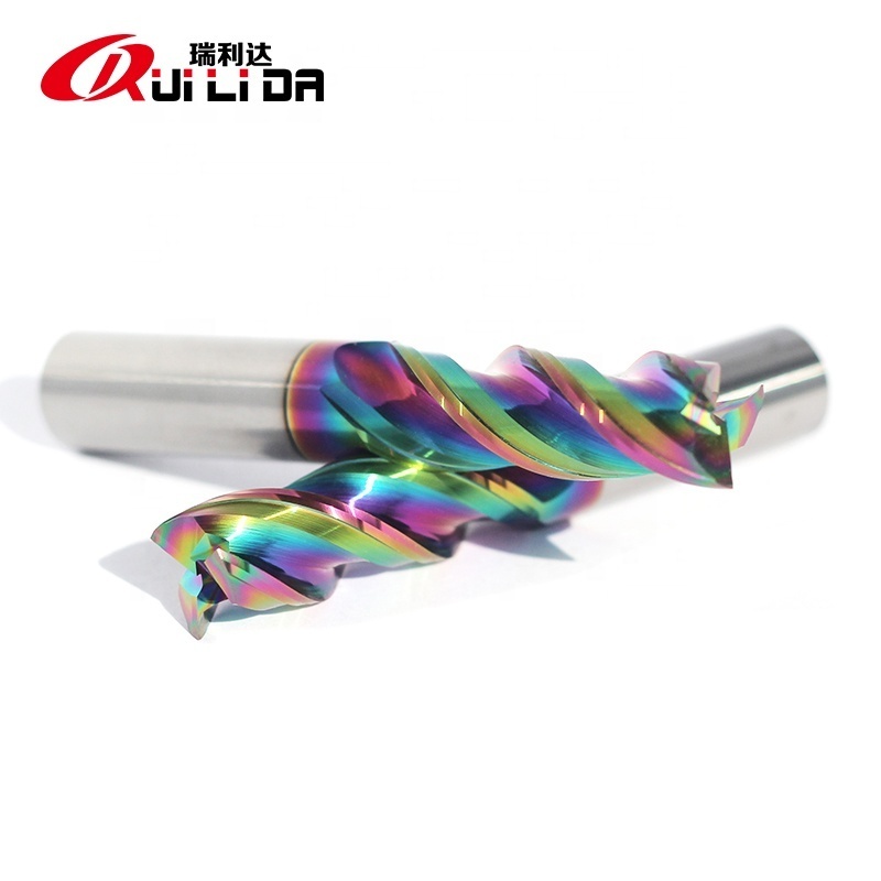 HRC 55 Tungsten steel alloy milling cutter 3 flute U-slot DLC colorful coating high-gloss aluminum cutter with CNC machine