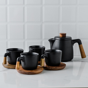 Matt Black Mugs Ceramic Tea Cups Wood Saucer With Wooden Handle Coffee Cup Gift Set ceramics tea sets