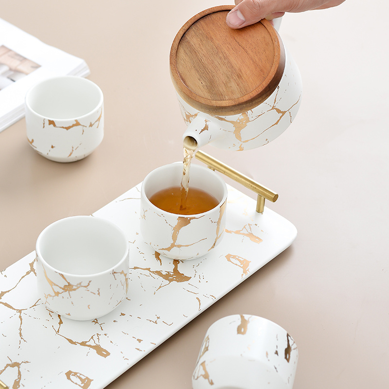 Luxury Modern Teapot 4 Piece Tea Cups Porcelain Coffee Tea Cup Sets Marble Tea Set With Gift Box