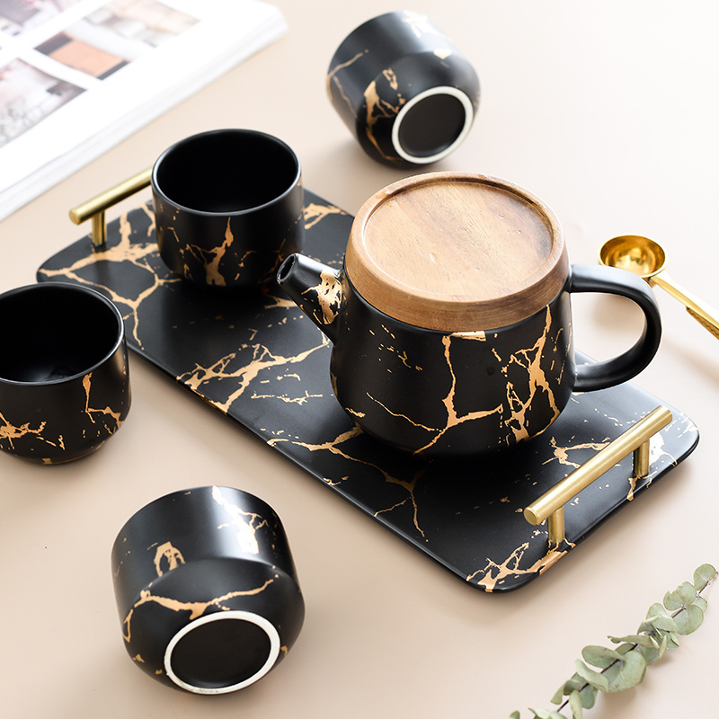 Luxury Modern Teapot 4 Piece Tea Cups Porcelain Coffee Tea Cup Sets Marble Tea Set With Gift Box