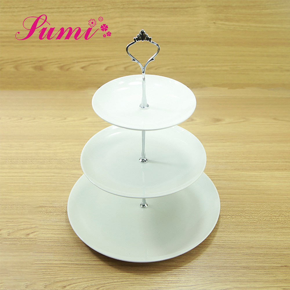 Low price wholesale wedding ceramic round 3 tier cake plate stand for hotel