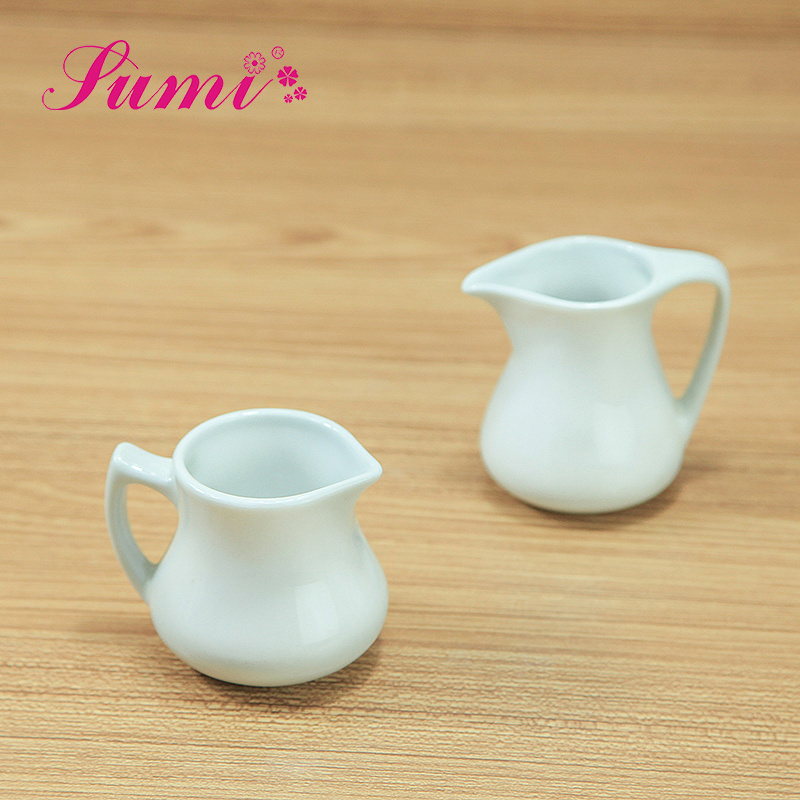 MOQ 200 factory outlet 50 ml / 60 ml mini white ceramic porcelain sugar milk jug pot creamer  Pitcher set