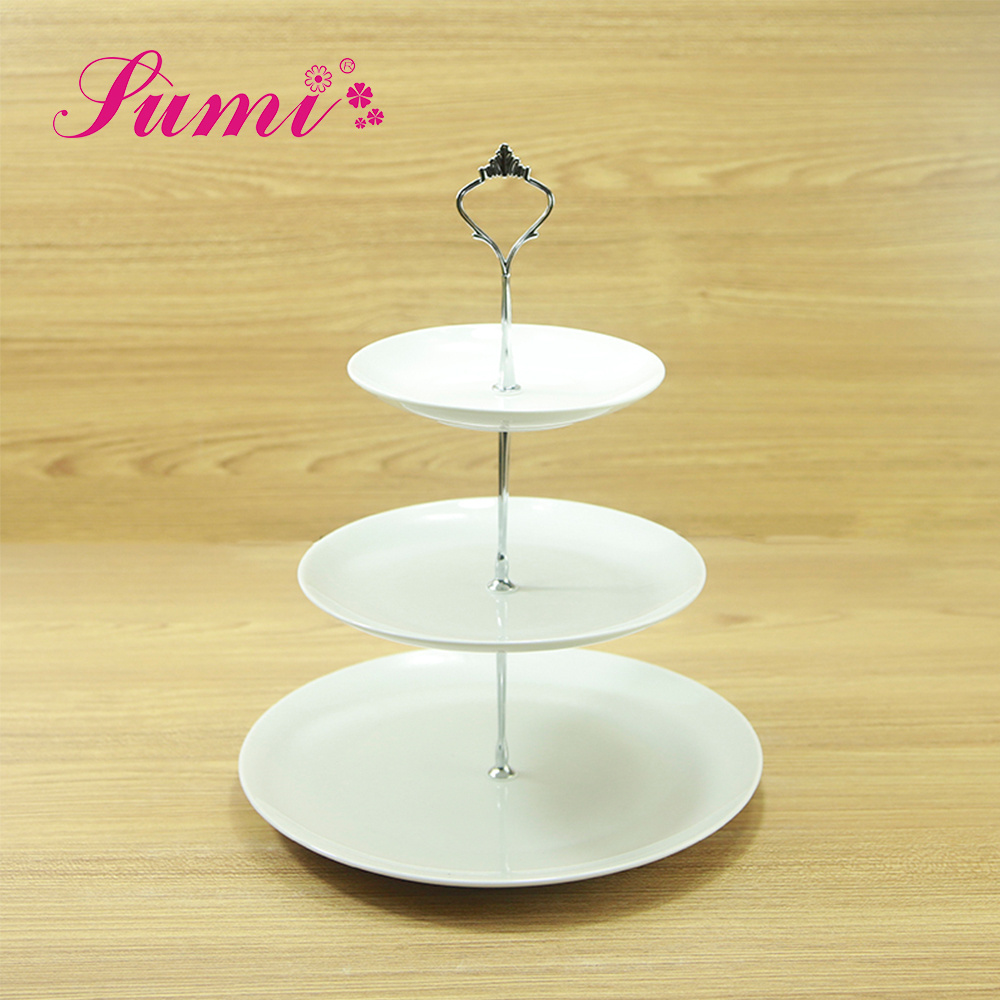 Low price wholesale wedding ceramic round 3 tier cake plate stand for hotel