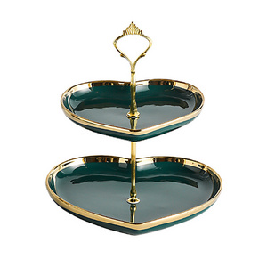 Wholesale Luxury Emerald Green Double Layer Heart Ceramic Cake Dessert Plate With Gold Rim